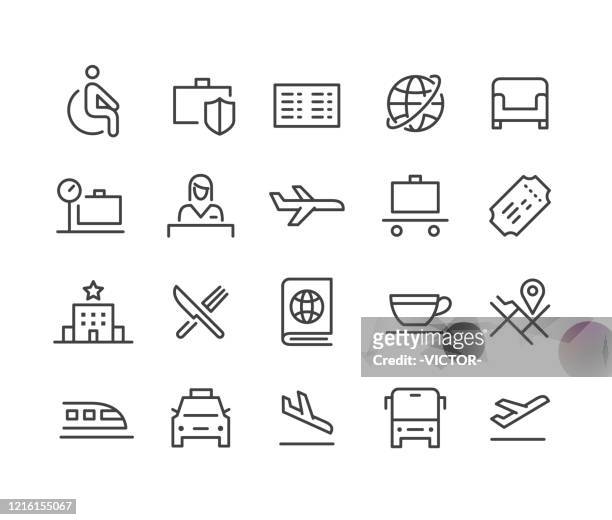 airport icons - classic line series - airport departure board stock illustrations