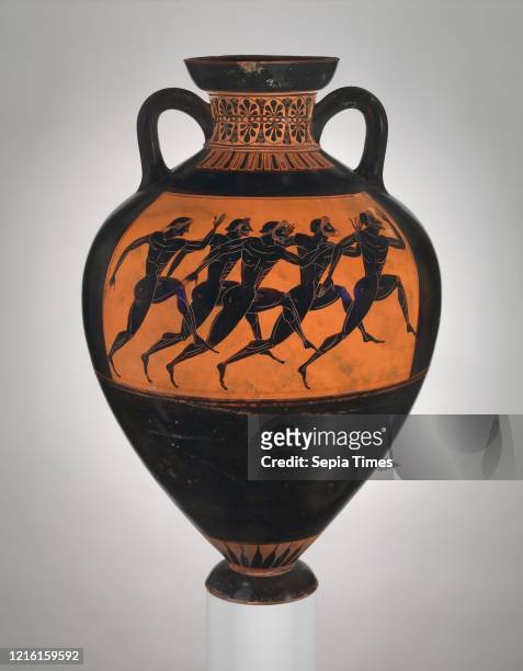 Terracotta Panathenaic prize amphora, Archaic, ca. 530 B.C., Greek, Attic, Terracotta; black-figure, H. 24 1/2 in. , Vases, Obverse, Athena, Reverse,...