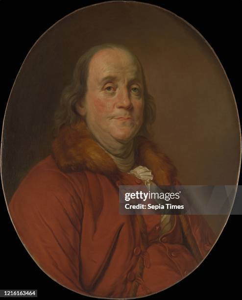Benjamin Franklin , Oil on canvas, Oval, 27 5/8 x 22 1/4 in. , Paintings, Workshop of Joseph Siffred Duplessis , This is a replica of the portrait...