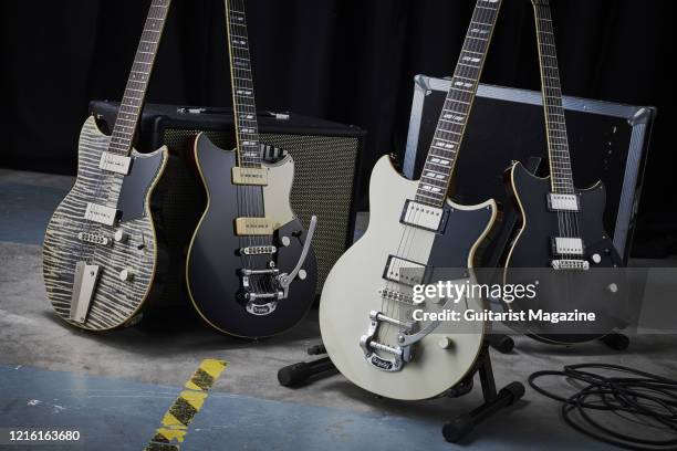 Group of Yamaha Revstar Series electric guitars, including a RS502TFMX, RS702B, RS720BX and a RS820CR, taken on June 14, 2019.