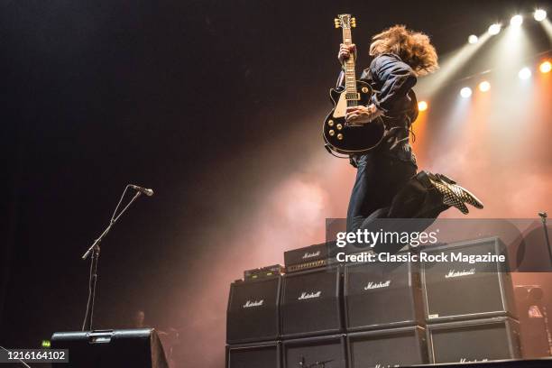 Guitarist Luke Morley of English hard rock group Thunder performing live on stage at Wembley Arena in London, on June 24, 2015.