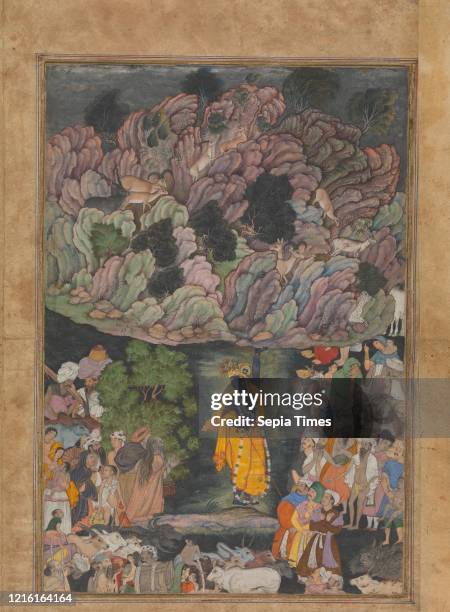 Krishna Holds Up Mount Govardhan to Shelter the Villagers of Braj', Folio from a Harivamsa , ca 1590-95, Made in present-day Pakistan, probably...