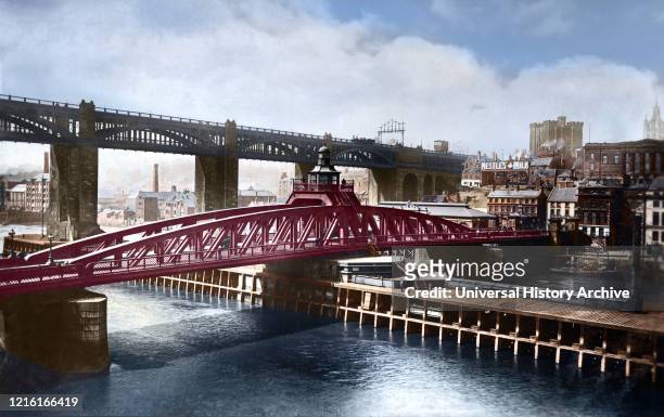 Postcard circa 1900, Victorian/Edwardian, social history Newcastle High Level and Swing Bridge over the River Tyne; Newcastle upon Tyne, Tyne and...