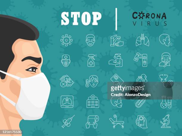 symptoms and prevention of covid-19 infographic - mask infographic stock illustrations