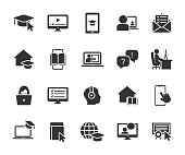 Vector set of online education flat icons. Contains icons remote learning, video lesson, online course, homework, online test, webinar, audio course and more. Pixel perfect.