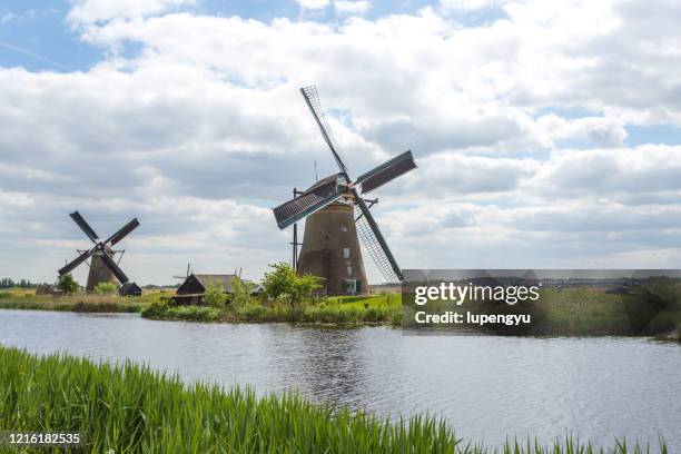 windmills, sunny day at kinderdijk, netherlands, europe - amsterdam windmill stock pictures, royalty-free photos & images