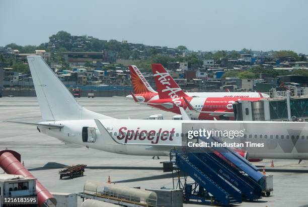 Planes parked at The Chhatrapati Shivaji Maharaj International Airport, on May 28, 2020 in Mumbai, India. A media tour was conducted witness the...