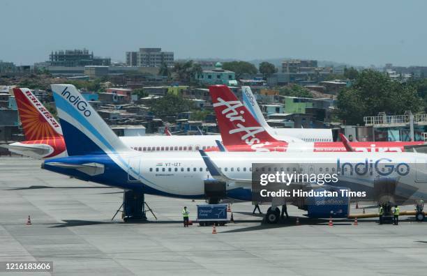 Planes parked at The Chhatrapati Shivaji Maharaj International Airport, on May 28, 2020 in Mumbai, India. A media tour was conducted witness the...