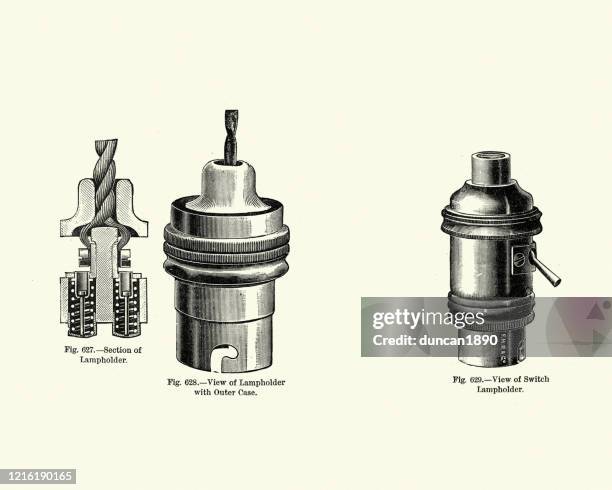 victorian lampholder bayonet fitting, lighting switch 19th century - lamp switch stock illustrations