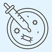 Virus analysis plate and pipette thin line icon. Petri dish outline style pictogram on white background. Bacteriology research Covid19 vaccine for mobile concept and web design. Vector graphics.