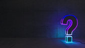 Neon light question mark with concrete wall 3D rendering