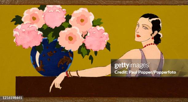 Vintage Art Deco postcard illustration featuring a sophisticated and stylishly-garbed woman looking over her shoulder sitting next to a large vase of...