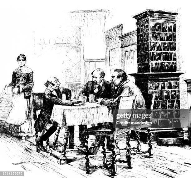 conversation in the restaurant - waitress serving stock illustrations