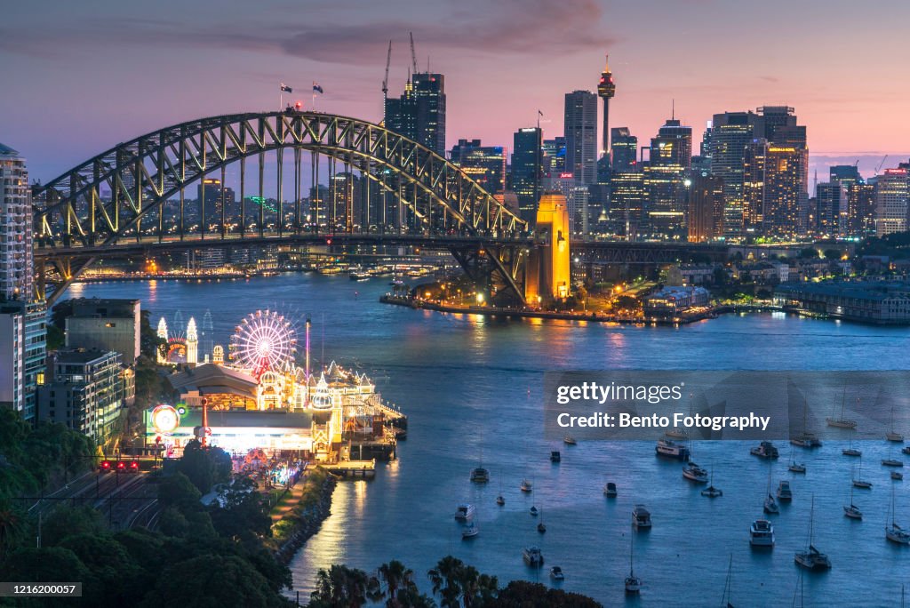 Night view of Luna park and Harbour bridge from North sydney, Sydney, Australia
