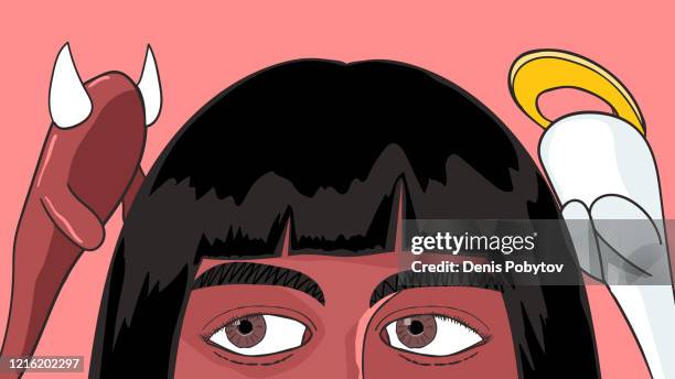hand-drawn cartoon illustration - man makes a choice. angel and demon - concept of good and evil. - resolve conflict stock illustrations