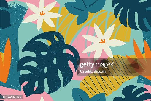 Collage contemporáneo patrón floral sin costuras. Modernas frutas exóticas de la selva y la ilustración de plantas en vector. Collage contemporáneo patrón floral sin costuras. Modernas frutas exóticas de la selva y la ilustración de plantas en vector.