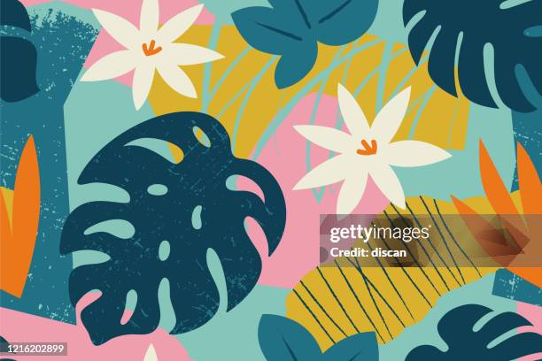 ilustrações de stock, clip art, desenhos animados e ícones de collage contemporary floral seamless pattern. modern exotic jungle fruits and plants illustration in vector. - monstera