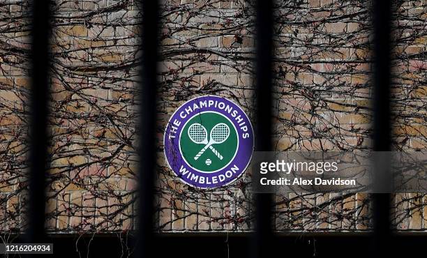 Wimbledon branding is seen at The All England Tennis and Croquet Club, best known as the venue for the Wimbledon Tennis Championships, on April 01,...
