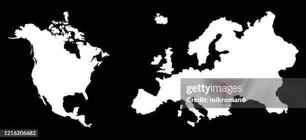 outline of the continent of europe nad north america - mapa de europa stockfoto's en -beelden