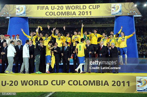 Players from Brazil celebrate during the FIFA U-20 World Cup 2011 final between Brazil and Portugal at Estadio Nemesio Camacho 'El Campin' on August...