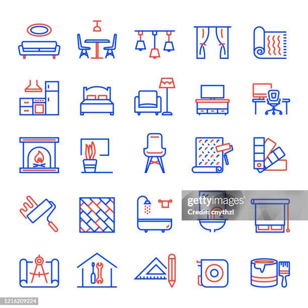 set of interior design and home decoration related line icons. editable stroke. simple outline icons. - interior design stock illustrations