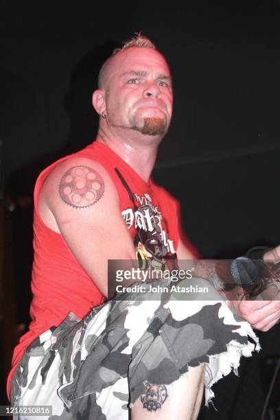 Singer Ivan "Ghost" Moody is shown performing on stage during a "live" concert appearance with Five Finger Death Punch on October 24, 2008.