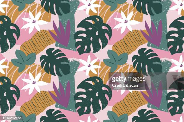 collage contemporary floral seamless pattern. modern exotic jungle fruits and plants illustration in vector. - caribbean stock illustrations