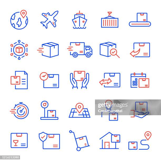 ilustraciones, imágenes clip art, dibujos animados e iconos de stock de conjunto de iconos de líneas relacionadas con envíos, logísticas y entregas. trazo editable. iconos de contorno simples. - shipping