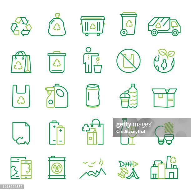 ilustraciones, imágenes clip art, dibujos animados e iconos de stock de conjunto de iconos de líneas relacionadas con el reciclaje, la gestión de residuos y los residuos. trazo editable. iconos de contorno simples. - recycling bin