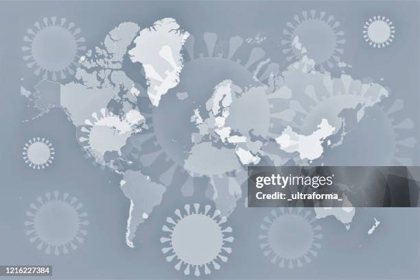 world map with coronavirus covid-19 overlay - iran coronavirus stock pictures, royalty-free photos & images