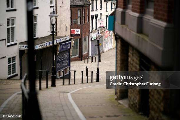Near deserted Stockport town centre during the pandemic lockdown and the closure of shops, restaurants and businesses on April 01, 2020 in Stockport,...