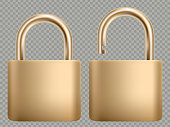 Padlock icon set. Steel and gold lock for protection privacy, web and mobile apps. Isoated on transparent background. Closed and open. Abstract concept graphic element. EPS 10