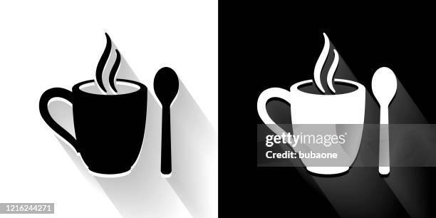 mug and spoon black and white icon with long shadow - different mugs stock illustrations