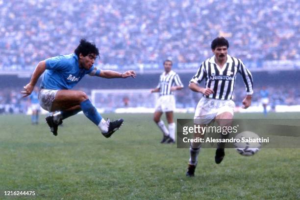 Diego Armando Maradona of SSC Napoli in action during the Serie A match between SSC Napoli and Juventus, Italy.