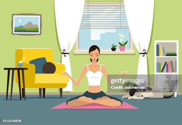ilustraciones, imágenes clip art, dibujos animados e iconos de stock de yoga en casa - interior de la casa