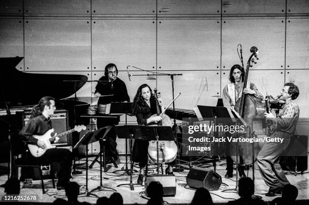 Members of the Bang on a Can All-Stars perform onstage at Lincoln Center's Walter Reade Theater, New York, New York, April 11, 1994. Pictured are,...