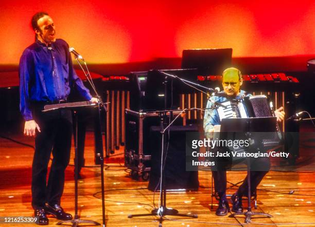 American composer Jerome Kitzke and Guy Klucevsek, on accordion, perform onstage, during the 10th anniversary Bang On A Can Marathon, at Lincoln...