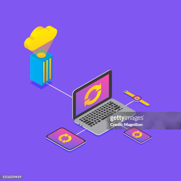 cloud technology device sync, isometric style illustration - warehouse tablet stock illustrations