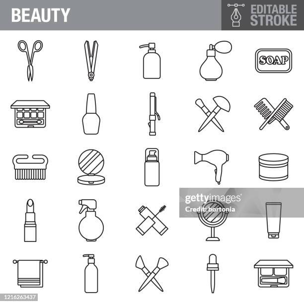 ilustraciones, imágenes clip art, dibujos animados e iconos de stock de belleza y cosméticos editables conjunto de icono de trazo - manicure