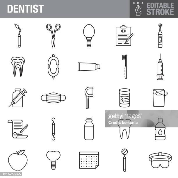 dentist editable stroke icon set - brushing teeth stock illustrations