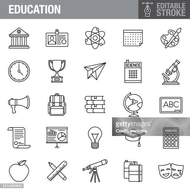 ilustraciones, imágenes clip art, dibujos animados e iconos de stock de conjunto de iconos de trazo editables de educación - mochila bolsa