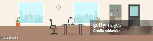 ilustraciones, imágenes clip art, dibujos animados e iconos de stock de interior de oficina espacio creativo moderno con lugares de trabajo vacíos. espacio de oficina con ventanas panorámicas, backrounds de office. - oficina