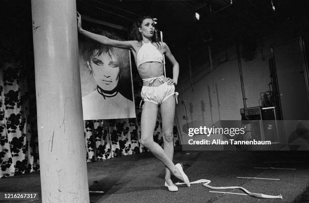 View of an unidentified model on the catwalk during a show of Betsey Johnson's fashions, New York, New York, November 5, 1980.