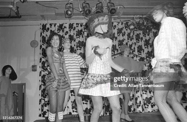 View of unidentified models on the catwalk during a show of Betsey Johnson's fashions, New York, New York, November 5, 1980.