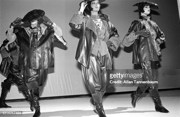 View of unidentified models on the catwalk during the Claude Montana fashion show at Bond's , New York, New York, September 9, 1981.