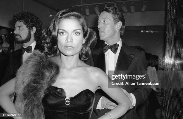 Nicaraguan model and actress Bianca Jagger and American fashion designer Halston attend the Glory of Russian Costume Exhibition, held in the...