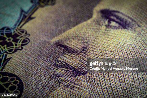 argentina 100 pesos banknote eva perón face close-up - eva perón stock pictures, royalty-free photos & images