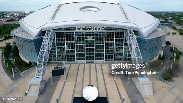 An aerial drone view of AT&T Stadium, where the Dallas Cowboys NFL football team plays, on April 01, 2020 in Arlington, Texas. The NBA, NHL, NCAA and...