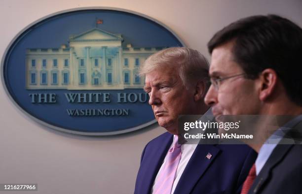 President Donald Trump and Secretary of Defense Mark Esper speak to the media during the daily White House Coronavirus press briefing April 1, 2020...