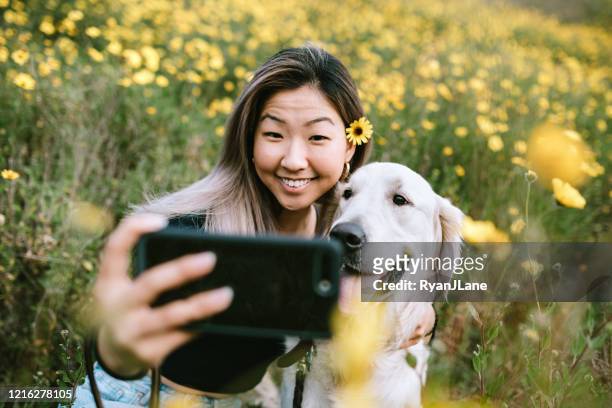 young woman takes selfie with her dog in flower filled field - generation z selfie stock pictures, royalty-free photos & images